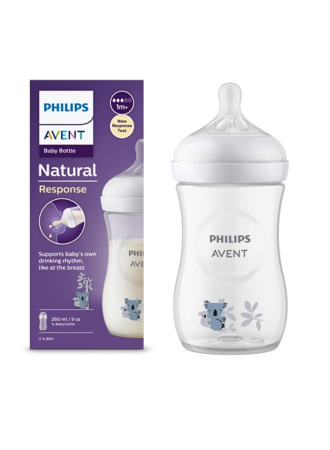 Avent Philips AVENT Natural Response Plastic Baby Feeding Bottle - 260Ml Baby Milk Bottle, Bpa Free with Babies 1Month+ Teat (260Ml Koala Bear Print)